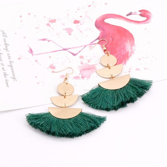 Green Tassel Earrings - Picture 3 of 5